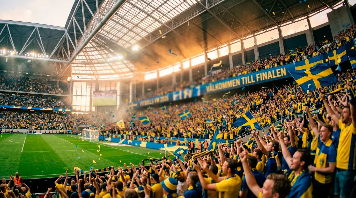 Entusiastisk publik på en fullsatt fotbollsläktare med flaggor och halsdukar i solnedgång
