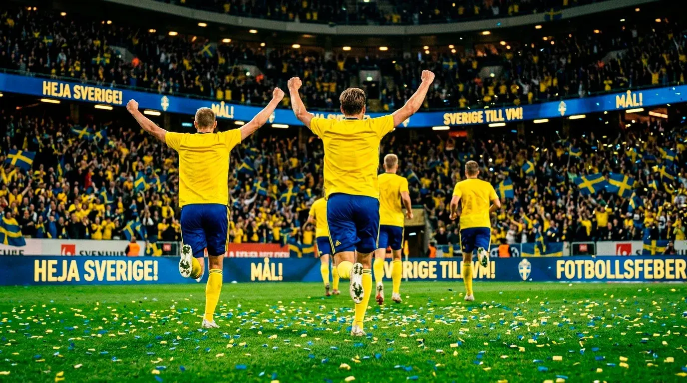 Svenska landslagsspelare i gula tröjor firar ett mål på fotbollsplanen